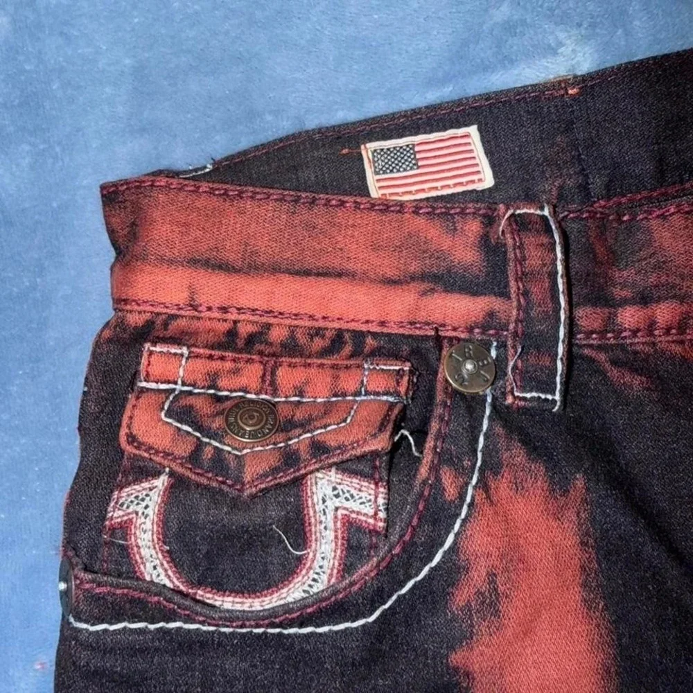 Vintage True Religion Red Black‎ Dyed Distressed Baggy Jeans Shorts men Size 34
